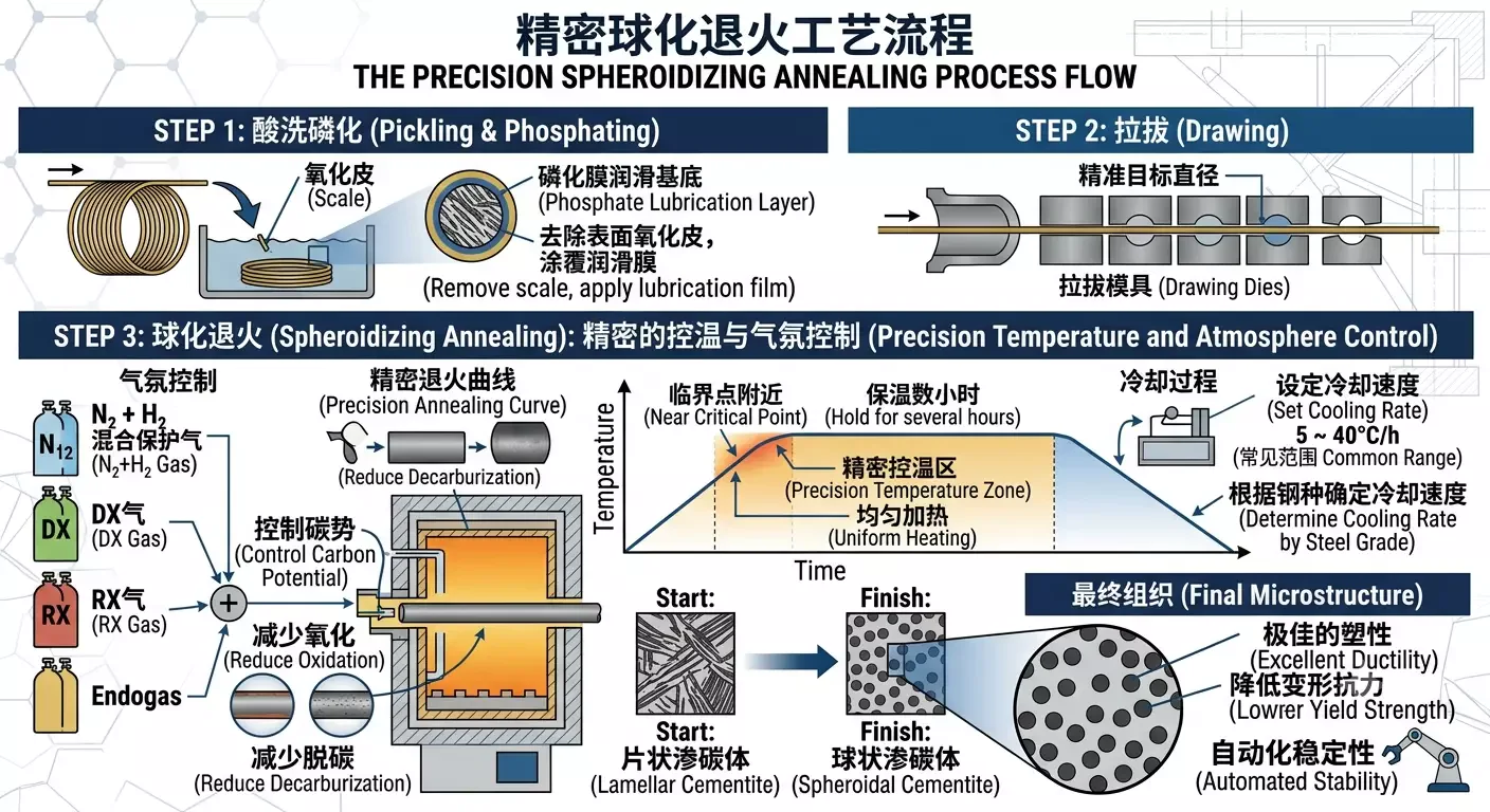 球化退火控温、气氛与组织转变完整示意图
